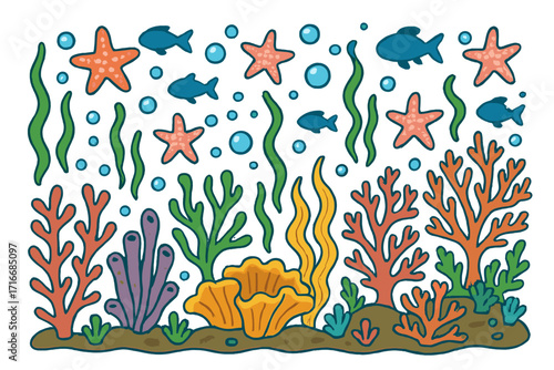 Colorful underwater reef with vibrant corals, starfish, fish, seaweed, and bubbles marine life seamless vector pattern design vibrant ocean ecosystem illustration