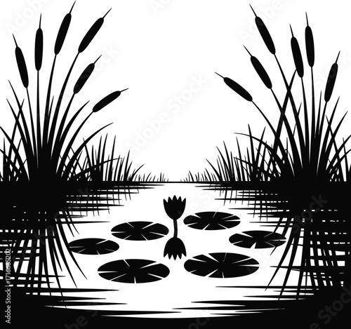Serene Pond Illustration with Cattails and Lily Pads Isolated Vector Art on Transparent Backdrop