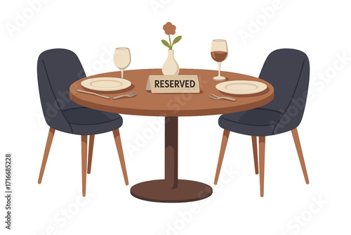 Reserved table for romantic date for two in restaurant or cafe. Modern furniture for dinner, special occasion, anniversary or celebration. Booking and reservation concept.