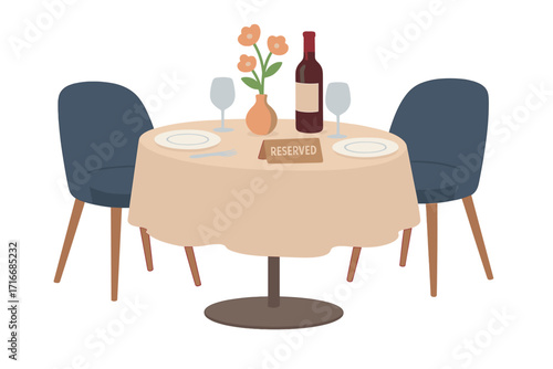 Reserved table for a romantic date in a restaurant. Fine dining for a couple. Cafe reservation concept. Table for two with wine, glasses and a flower vase. Modern interior.