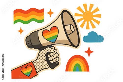 Pride month vector illustration. Retro collage with hand holding a megaphone with rainbow heart symbols. LGBTQ community support, gay parade and equality celebration concept.