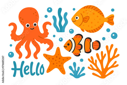 Cute vector ocean illustration with smiling octopus, flounder, clown fish, starfish, and coral underwater, modern lettering hello ocean, marine life ecology design