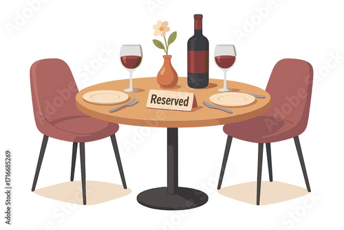 Romantic date concept with a reserved table for two in a restaurant. Fine dining setup with wine bottle, glasses, and modern chairs for a special occasion, anniversary, or celebration.