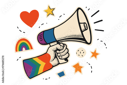 Pride month creative banner. Hand holding megaphone with progress pride flag rainbow colors. LGBTQIA+ rights protest, love, and equality celebration concept. Retro paper cut collage.