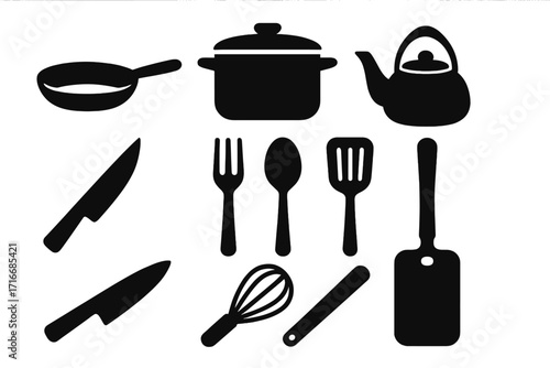 Minimalist cooking icons set in silhouette design for kitchen tools and utensils. Vector graphic illustration of cookware, cutlery, and culinary equipment for home cooking.