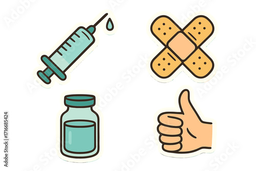 Vaccination medical sticker icon set. Syringe for injection, vaccine dose in vial, crossed adhesive bandage, and a thumbs up hand gesture. Flat vector for immunization campaign.