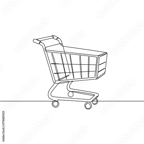 Simple line drawing of an empty shopping cart on a white background  