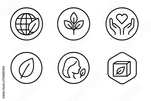 Sustainability line icon set. Vector symbols for natural ingredients, organic food, clean beauty, ethical sourcing, vegan, bio, and eco product packaging labels.