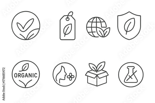 Eco friendly line icon set for sustainable product packaging. Natural organic food and clean beauty cosmetic labels. Vegan, non toxic, gmo free & ethical sourcing stamps.