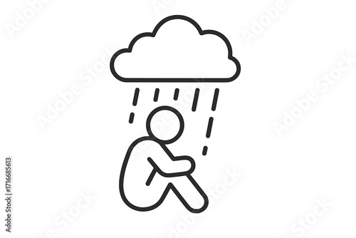 Depression and sadness line icon. Metaphor for mental health struggles, loneliness, emotional pain, grief, anxiety. Person sitting under a rain cloud. Unhappy symbol.
