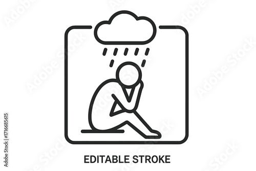 Depression icon. Line art of a person sitting under a rain cloud. Metaphor for sadness, loneliness, despair, anxiety, grief. Mental health problems and emotional pain concept.