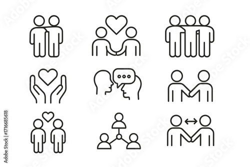 Empathy and friendship icon set. Thin line editable stroke icons for connection, emotional support, teamwork, communication, relationship, trust, social interaction, love.