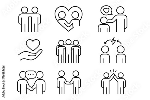 Empathy and friendship icon set. Line icons for connection, emotional support, teamwork, communication, relationship, trust, conflict, social interaction. Vector pictograms.