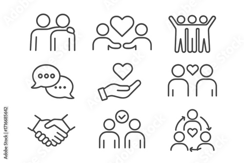 Empathy and friendship icon set. Thin line icons for connection, emotional support, teamwork, communication, relationships, trust, community, love, and care. Editable stroke.