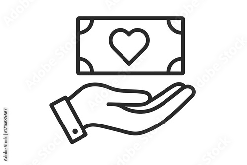 Donation and charity icon. Hand giving money with love. Financial support, help and investment concept. Philanthropy, sponsorship, and fundraising symbol for non-profit. Vector line art.