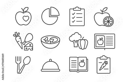 Food nutrition line icon set. Editable stroke icons for healthy eating, diet plan, food categories, meal prep, fresh produce, calories, and wellness app. Vector symbols.