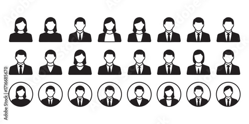 Collection of diverse business professionals represented by minimalist icons, showcasing a variety of roles and genders in professional attire, perfect for corporate branding and web design