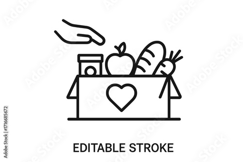 Food donation charity box icon. Help and community support concept. Volunteer giving groceries for hunger and poverty relief. Kindness, nutrition, social care vector line art.