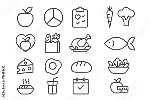 Food nutrition icon set. Thin line icons for healthy eating, diet balance, meal plan, ingredients, fresh produce, food categories and grocery shopping. Editable stroke vector.