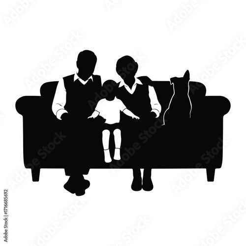 Family and dog on sofa silhouette sitting