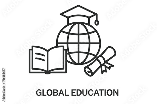 Global education icon. Learning, knowledge, graduation concept. Worldwide studies, international scholarship, university degree. Vector thin line illustration with editable stroke.