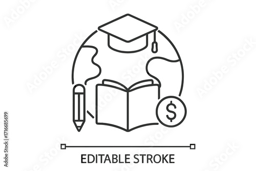 Global education and international studies concept. Worldwide learning, knowledge, and graduation. Vector icon for scholarship, student loan, and university tuition fees.