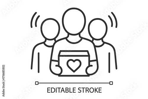 Group of people volunteering icon. Symbol for unity, community, teamwork, collaboration, donation, volunteers, and charity. Vector thin line illustration of social work.