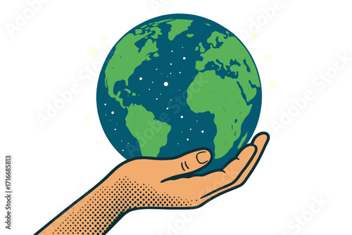 World Earth Day banner with halftone hand holding planet Earth, 22 April environmental holiday illustration, trendy vector cartoon style, nature protection, global awareness