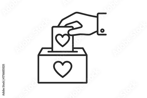 Hand putting heart in donation box. Charity, contribution, and philanthropy concept. Symbol of love, care, help, and support. Vector line icon for volunteering and giving.