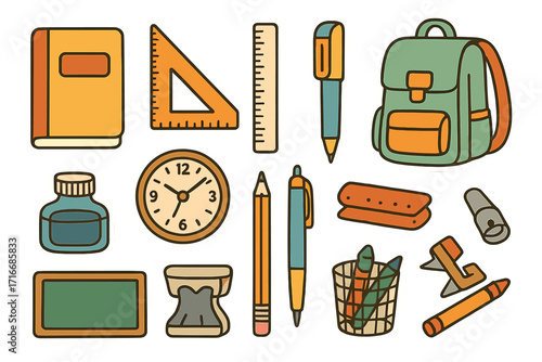 Retro school supplies sticker kit. Groovy 70s style vintage stationery elements set. Back to school cartoon vector icons. Education concept with book, pencil, ruler, backpack.