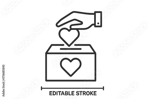 Charity and donation line icon. Hand putting heart in a box. Concept of love, care, support, help, and volunteering. Vector illustration for fundraising, editable stroke.