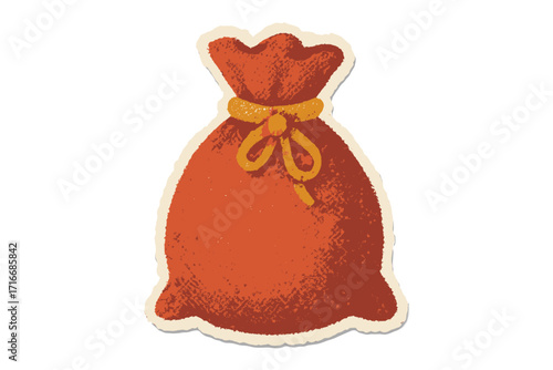 Christmas sack bag vintage torn paper sticker in naive halftone collage style, festive gift pouch, red fabric with yellow string, holiday decoration, vector cartoon illustration transparent background