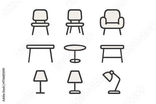 Vector furniture icon collection. Minimalist line art symbols for home decor and interior design. Simple outline illustration of chair, table, armchair, and lamp objects for web.