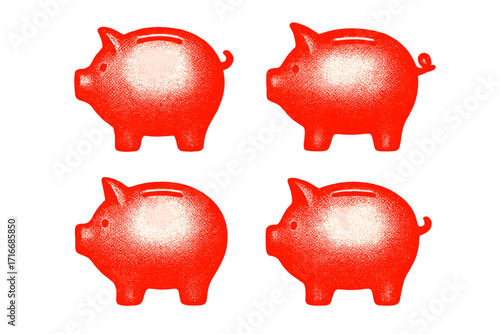 Halftone piggy banks set. Duotone dotted risograph pig symbols for finance, saving, and investment. Riso vintage vector illustration of economy and budget concept money box.