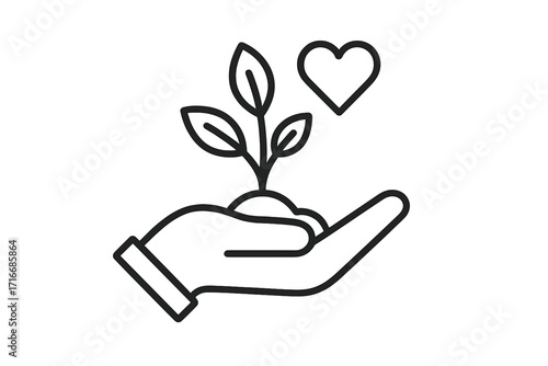 Hand holding plant sprout with heart. Concept of growth, care, sustainability, and love for nature. Ecology, environment, and conservation symbol. Charity donation and new life.