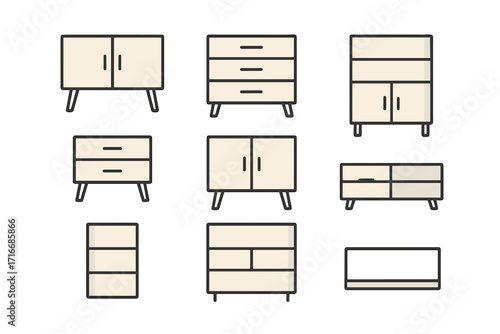 Minimalist furniture icon set with modern cabinets, drawers, shelves. Vector illustration for interior design. Line art home decor elements. Household furnishing collection.