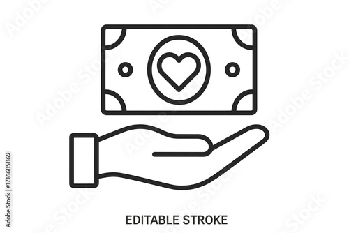 Donation and charity thin line icon. Hand giving money bill with heart symbol. Financial support, generosity, and kindness concept. Vector for funding and sponsorship.