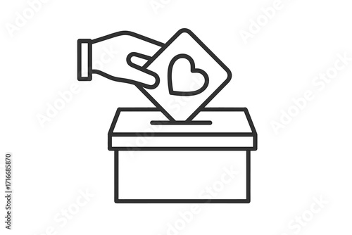 Hand putting heart card in donation box icon. Charity, volunteering, support and love concept. Vector line art illustration for social help, fundraising and contribution.