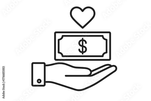 Hand with money and heart. Donation, charity, financial aid concept. Sponsorship, funding, giving money for love. Vector line icon for support, kindness, and generosity.