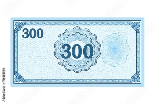 Voucher template banknote design 300. Guilloche pattern with watermarks and border. Blue background for gift voucher, coupon, diploma, or money. Currency, note concept.