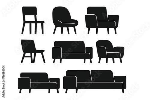Minimalist furniture silhouette collection. Vector icons set of chairs, sofas, and armchairs. Modern interior design elements. Black couch and seat graphics isolated.