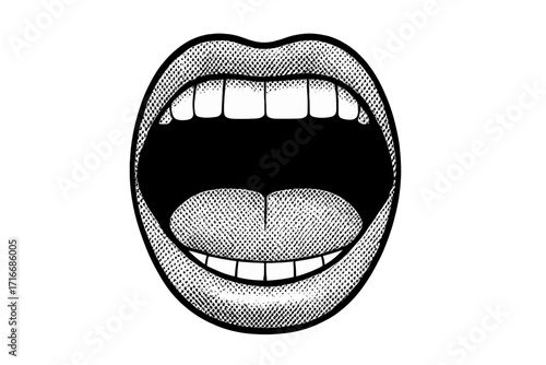 Wide open female mouth in pop art halftone style. Vector illustration of a screaming, shouting or singing woman. Retro comic dotted graphic of an emotional facial expression.