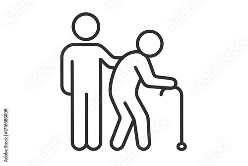 Helping elderly person icon. Senior care, compassion, and assistance concept. Caregiver supporting an old man with a walking stick. Nursing home and social work symbol.