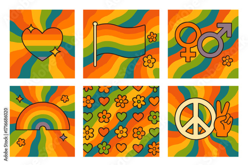 Groovy Pride month post collection. Retro 70s LGBTQ rainbow flag, heart, peace sign. Hippie style social media banner set. Queer love freedom celebration vector graphics.