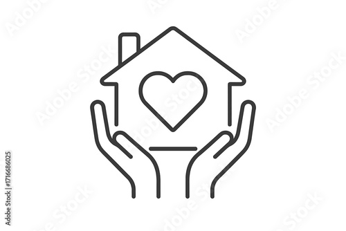 Hands holding house with heart icon. Home care, family support, charity, safe housing and love concept. Real estate, insurance and shelter symbol. Vector thin line art.