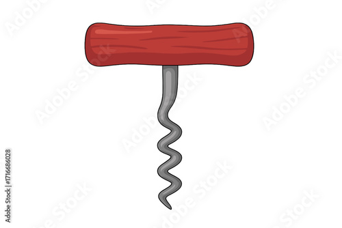 Corkscrew vector icon. Wine bottle opener with red wooden handle isolated. Flat cartoon kitchen tool for uncorking. Twisted metal spiral for opening wine bottles. Barware object.