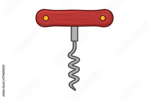 Wine bottle opener with red wooden handle. Corkscrew isolated color flat icon. Vector twisted spin to open wine. Object to uncork drinks and beverages. Bar tool metal spiral.