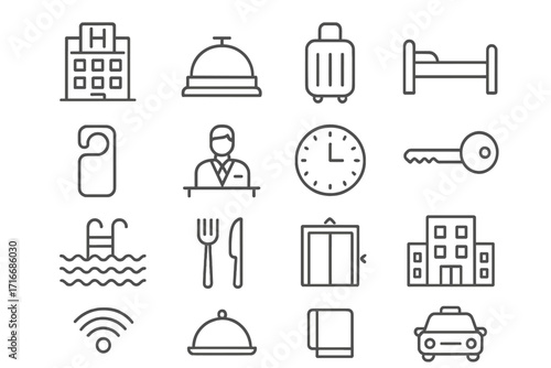 Hotel and accommodation icon set. Editable stroke line icons for hospitality, travel services, guest room, resort facilities, vacation amenities, booking, reception, wifi.