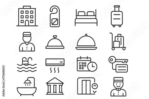 Hotel & accommodation vector icon set. Thin line editable stroke pictograms for travel services, guest rooms, hospitality, amenities, vacation, resort, booking, room service.