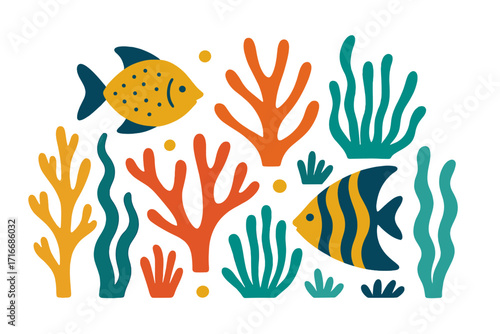 Tropical underwater sea fish and coral reef abstract background, colorful marine life with seaweed, flat hand-drawn exotic ocean design, naive poster art